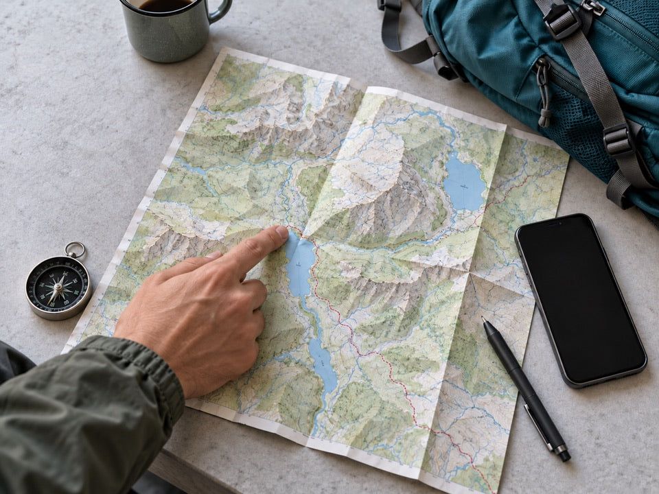 Illustration : préparation d'un parcours avec carte et téléphone.