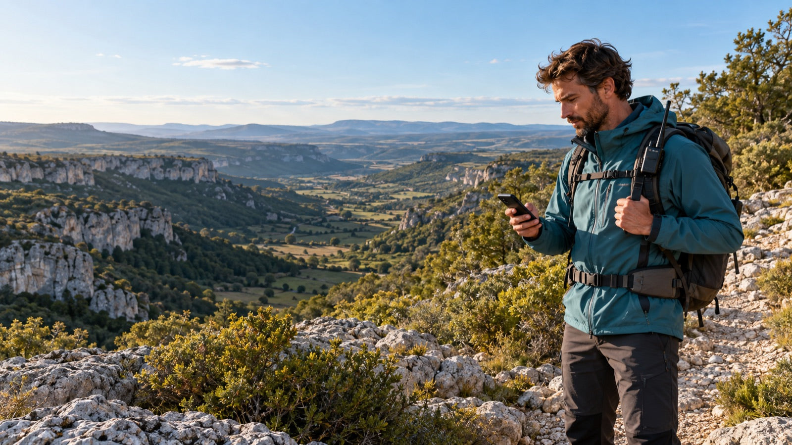 Illustration : un randonneur utilise son téléphone avec un boîtier radio sur un sentier.