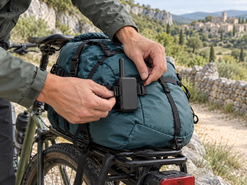 Illustration : une balise est fixée au sac d'un vélo.